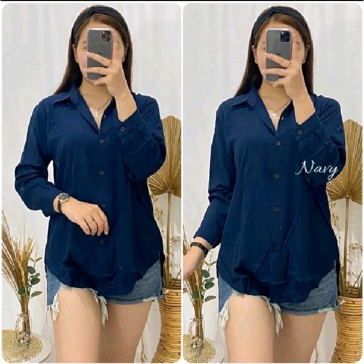 KEMEJA OVAL WANITA LENGEN PANJANG Polos Crinkle Baju Atasan Kerja Basic Casual Santai Kancing Oversize Simple 4