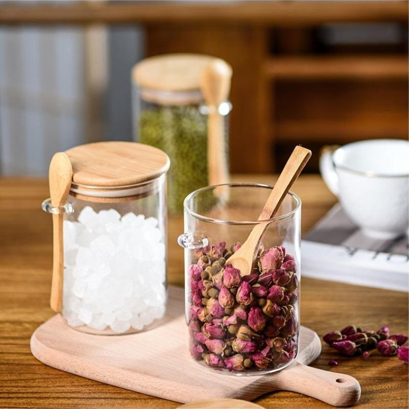 Clear Glass Storage Jar with Wooden Spoon Set (2 Sets), Household Food Storage Container with Bamboo Lid, Kitchen Utensils, Anti-breakage Packaging Sealed Bottle Set 4