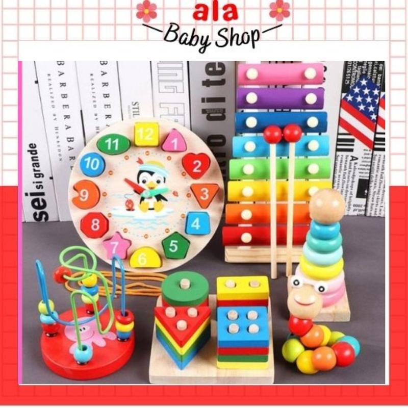 Combo 6 món đồ chơi gỗ cho bé gồm đàn 8 thanh, tháp cầu vồng, thả cọc hình khối, luồn hạt, đồng hồ kèm xâu hạt, sâu uốn dẻo