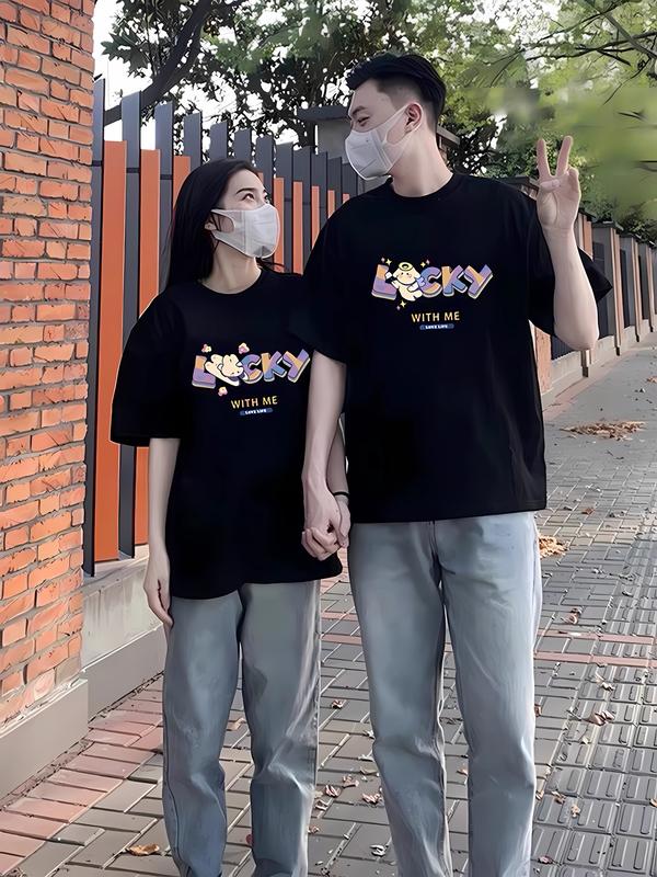 Áo cặp nam nữ, áo đôi in hình happy lucky đáng yêu mặc cặp với người yêu (GIÁ 1 ÁO) chất cotton thoáng mát amor couple đồ 1