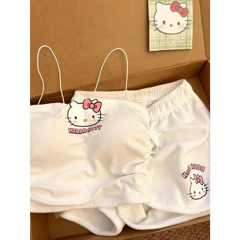 Đồ Ngủ Hai Dây In Hình Hello Kitty, Dễ Thương, Có Đệm Ngực, Bộ Đồ Cho Nữ, Hàng Mới Về Mùa Hè, Phổ Biến Trên Internet, Quần Đùi Ôm Sát, Thích Hợp Mặc Nhà 3