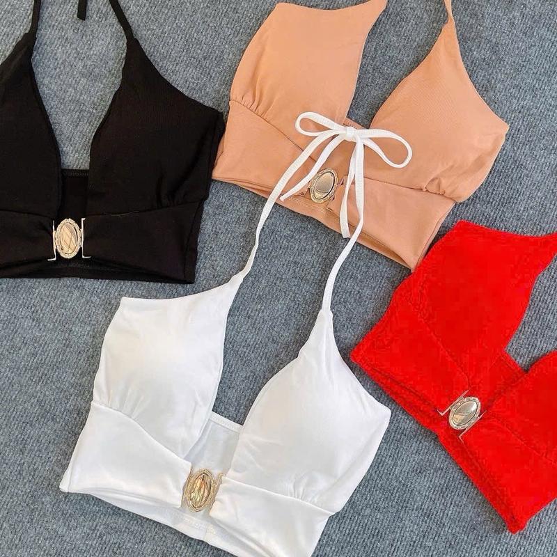 Áo kiểu cổ yếm hở ngực phối khoen tròn trước thun bozip có mút 0052 top women