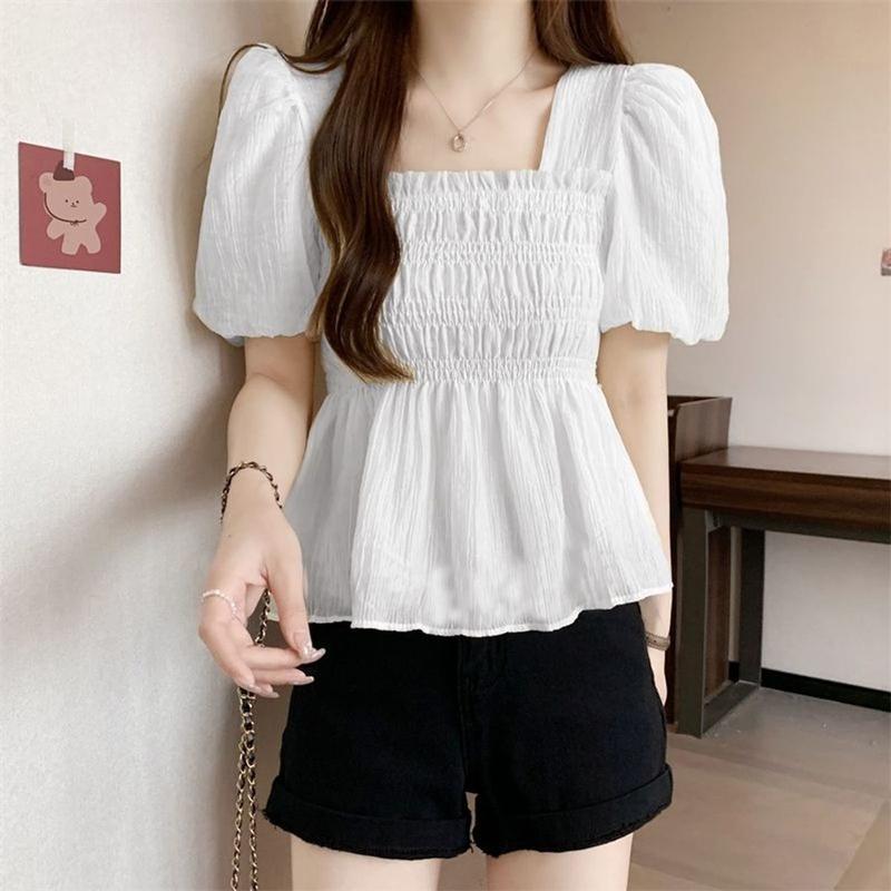 Product Introduction of Áo Voan, Cổ Vuông Phong Cách Pháp, ngắn Tay, Hàng Mới Về Mùa Hè 2025, Tay Phồng Duyên Dáng Áo Ngắn, Áo Cánh Dáng Rộng Vừa Vặn, Dành Cho Nữ 29