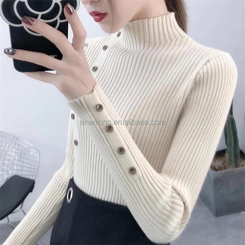 Product Introduction of K105 Women Knitted Slim Sweaters Solid Knitted Female Cotton Soft Elastic Color Pullovers Button Full Sleeve Turtleneck 4