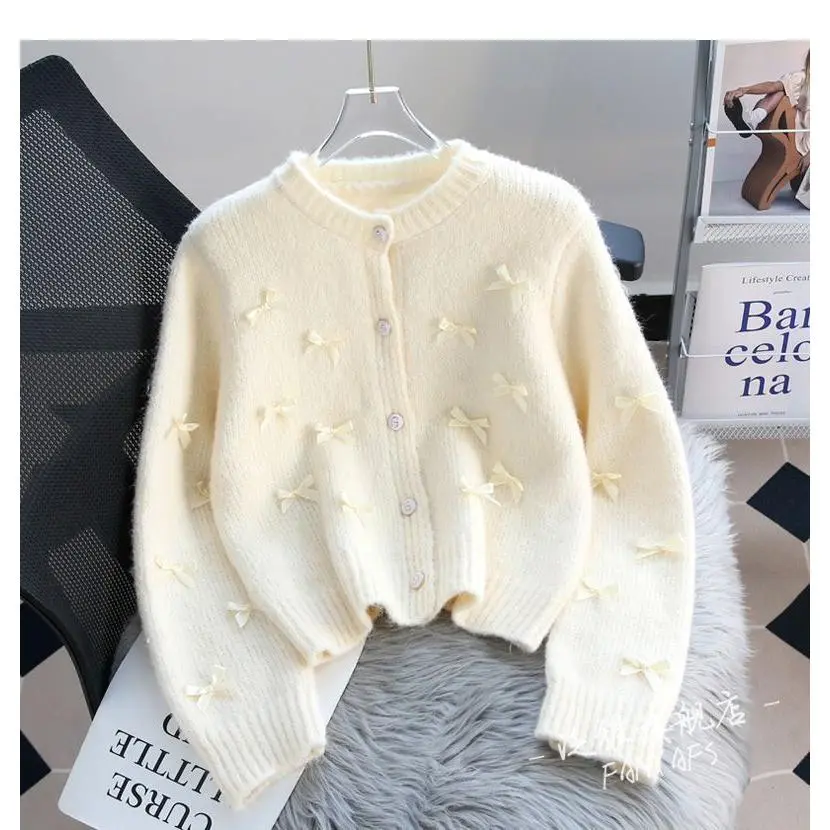 Áo Khoác Len, Dành Cho Nữ, Hàng Mới Về, Phong Cách Cổ Điển Có Nơ, Áo Cardigan Dệt Kim, Áo Sang Trọng Trà, Thích Hợp Cho Mùa Xuân, Thiết Kế Độc Đáo Women Top Trắng
