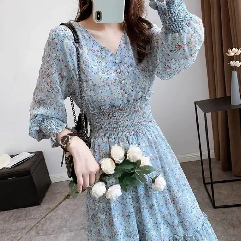 Artistic style floral chiffon long skirt mom spring new Korean style fairy skirt ruffled large swing skirt