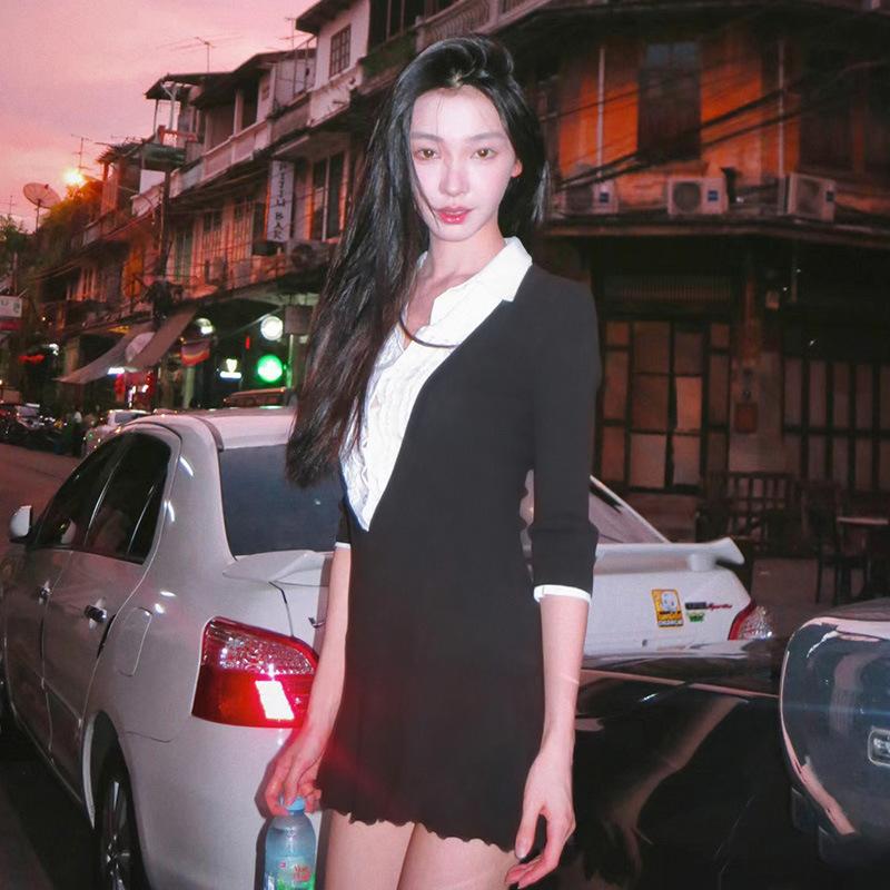 Product Introduction of Váy ngắn Bodycon, Phong Cách Người Nổi Tiếng Ins, Phong Cách Preppy, Váy Có Gân Khối Màu, Thanh Lịch, Cổ Áo Sơ Mi, Dành Cho Phụ Nữ váy  trắng váy  có  cổ  khoét  sâu hoa  xù  đầm  body 10