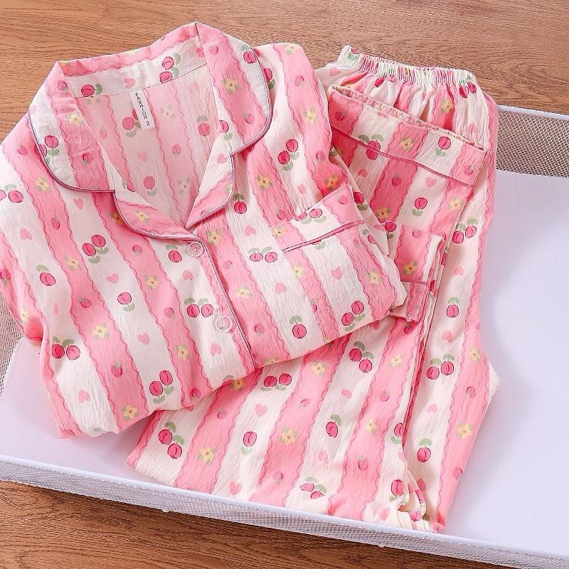 Đệm mỏng_  Bộ ngủ Thô mây dài tay caro cổ vest basic mềm mát mặc nhà pijama nữ 4