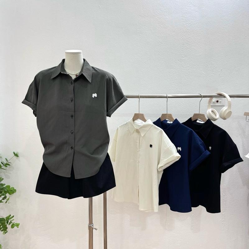 Áo Sơ mi nữ  Women cộc tay chất vải đũi nhăn có đính nơ Halinh M186 Top Shirt