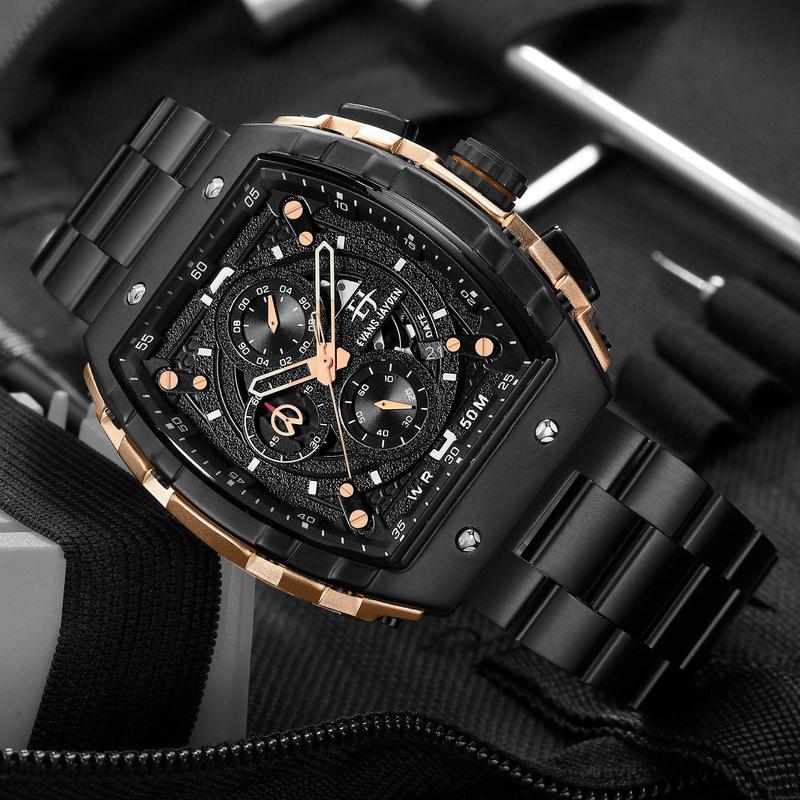 DISKON jam tangan  !! Evans Jayden Jam Tangan Pria 9554-1 Rantai Stainless Steel Kaca Sapphire Chronograph Water Resistant 5ATM Air Bahan Watches Waterproof 4