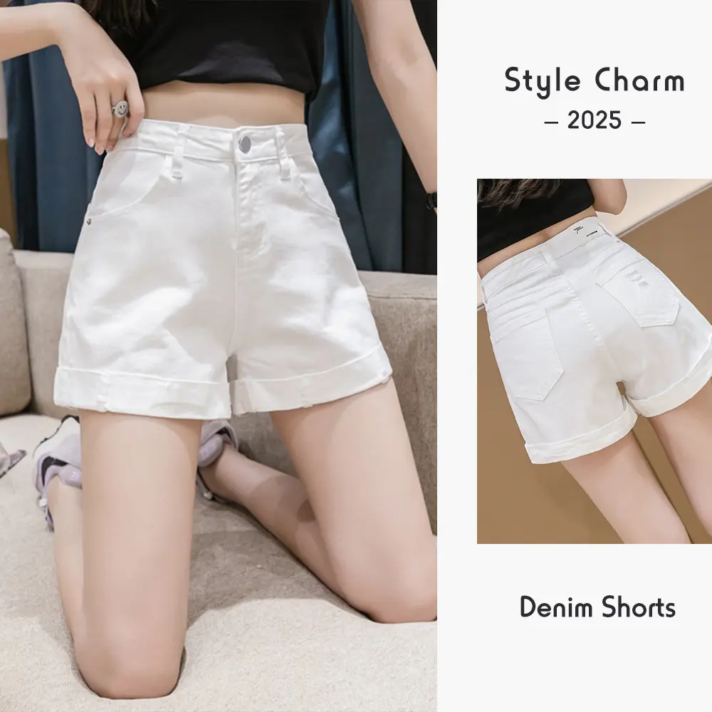 Women's High Waist White Denim Shorts A Line Wide Leg Hot Pants Casual Outerwear