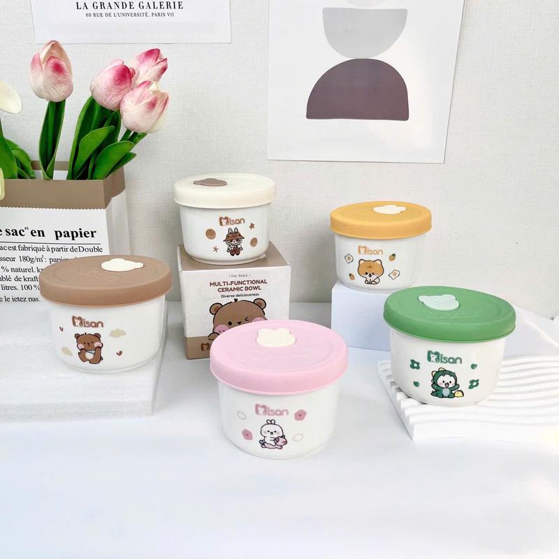 Chén/Hũ Sứ Đựng Đồ Ăn Dặm Nắp Silicon Cho Bé, Thể Tích 250ml, Bát Sứ Ăn Dặm In Hình Họa Tiết Siêu Yêu 0