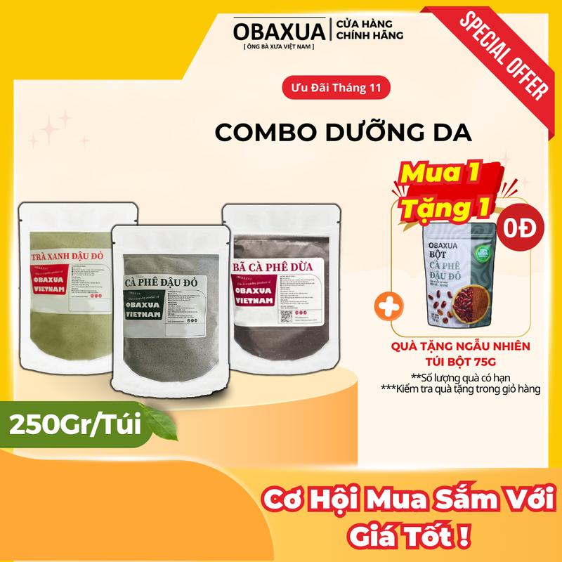 Combo Bột Đậu Đỏ Cà Phê 250G Trà Xanh Đậu Đỏ 250G Bã Cà Phê Dừa 250G Obaxua - Dành cho da thâm mụn body và dưỡng sáng da body