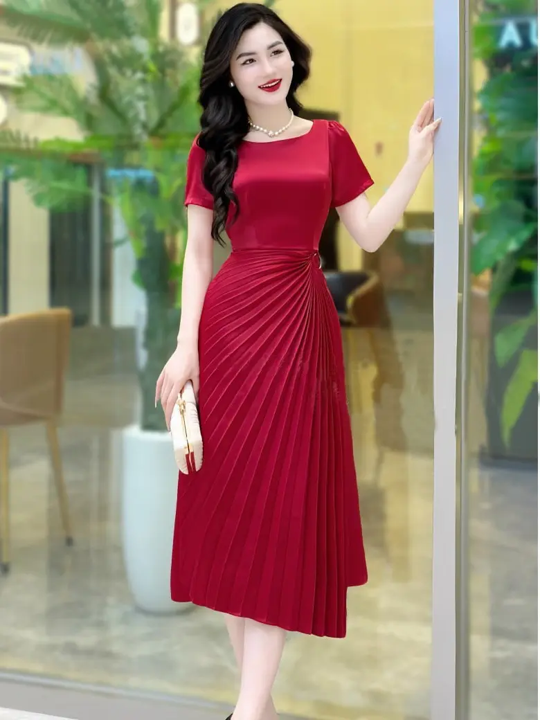 Váy thiết kế phối chân váy xếp ly chất liệu lụa mịn - đầm thiết kế dự tiệc - 2 màu đen đỏ váy dự tiệc