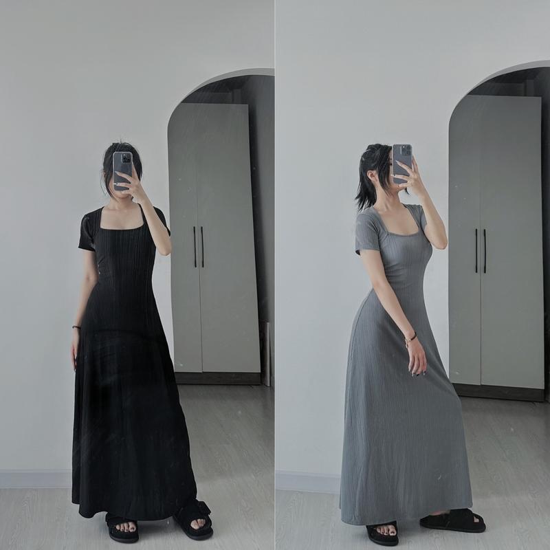 VÁY BODY CỔ U DÁNG XOÈ GÂN TRUNG