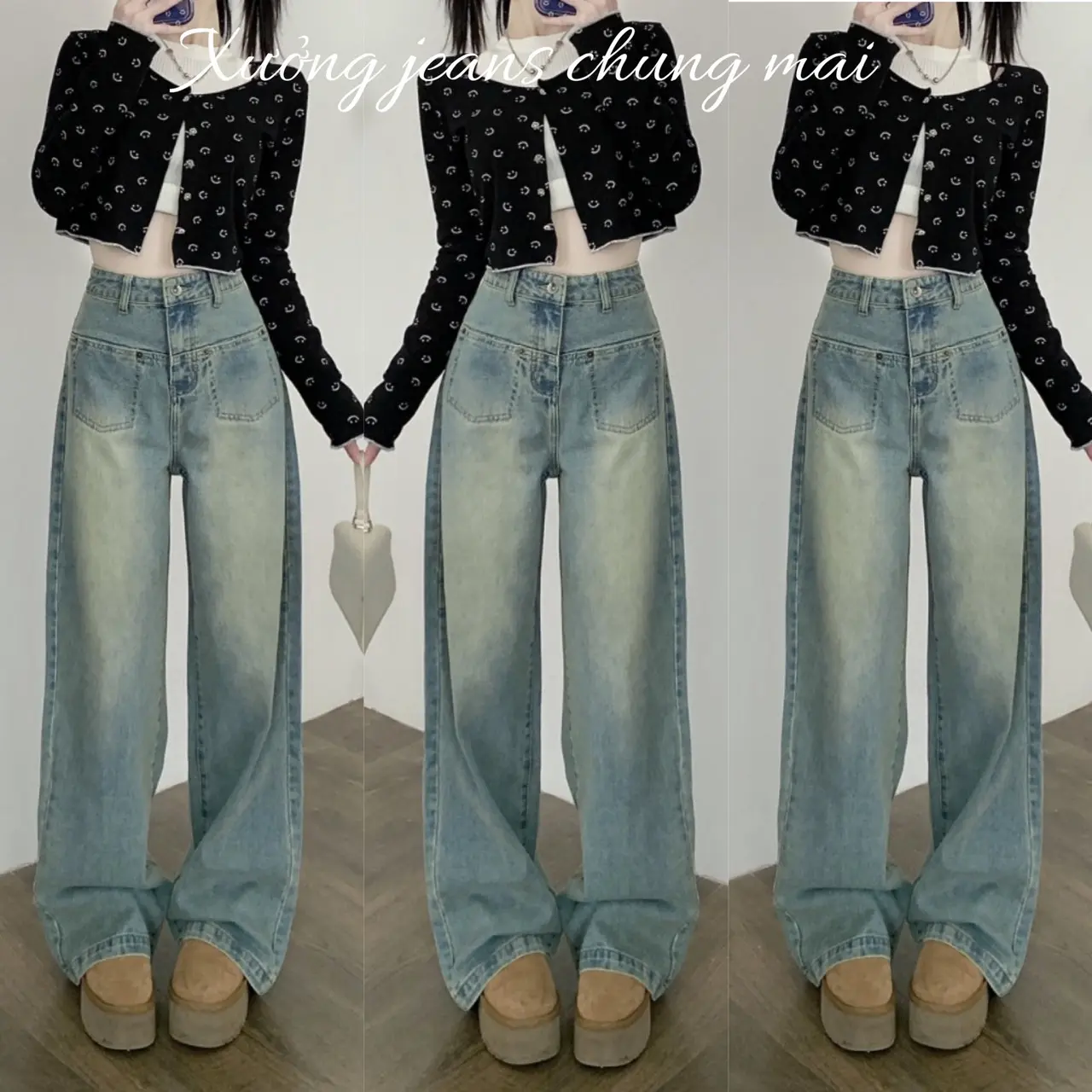 Quần bò ống xuông phủ dơ túi chìm cạp cao hack dáng Nữ Women Ong Jean Pants