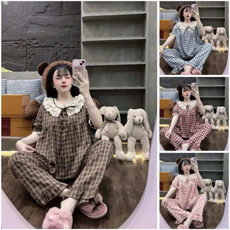 (40-60kg) Đồ bộ cổ tim tiểu thư caro tay ngắn quần dài chất đũi nhung loại 1 Nữ Women
