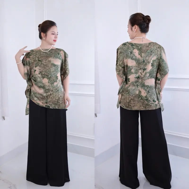 ( Hàng Cao Cấp ) Set Đồ bộ trung niên cách điệu, đồ bộ cho mẹ,áo kiểu, quần dài ống rộng , chất lụa lattin cao cấp CC36 Nữ Women Ong Top Voi Jacket Polo 5