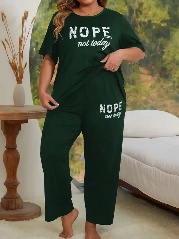 【Plus Size】 Letter Print Short Sleeve Tee & Pants Pajama Two-piece Set, Casual Comfy Round Neck T-shirt & Trousers Pajama Set, Women's Sleepwear for Summer 2