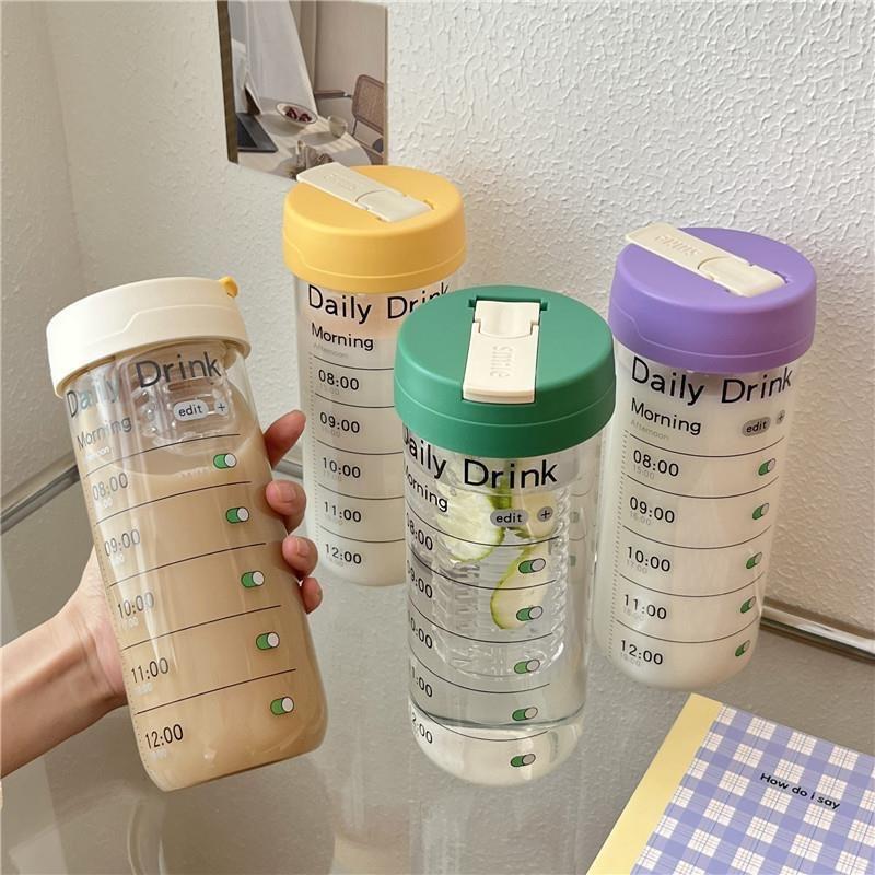 Bình nước thuỷ tinh trong suốt chịu nhiệt dung tích lớn chia giờ kute có nắp và ống hút tiện lợi, ly thuỷ tinh uống nước trà sữa cà phê glass water