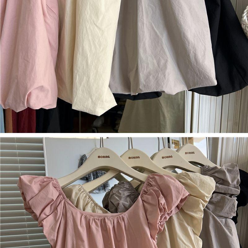 Product Introduction of French Style Flying Sleeve Shirt Female 2024 Summer New Design Sense Small Public Net Red Dew Collarbone Sweet Top Womenswear Blouse Lingerie Lady Comfort Basic Minimalist 1