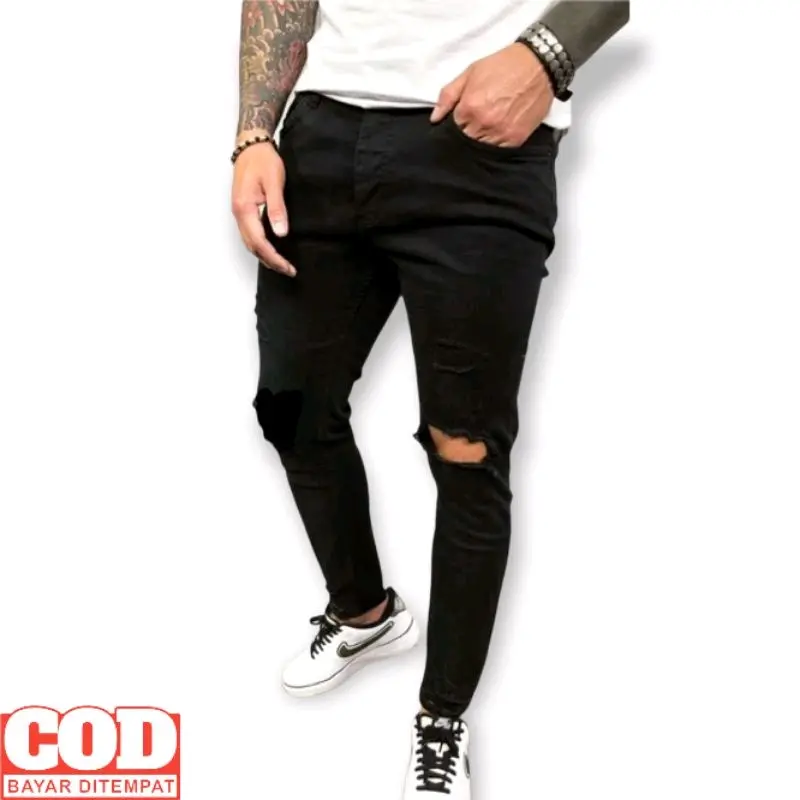 Celana jeans sobek lutut pria kiri softjeans Slim-fitting Melar Lembut Soft Panjang Slim Nyaman