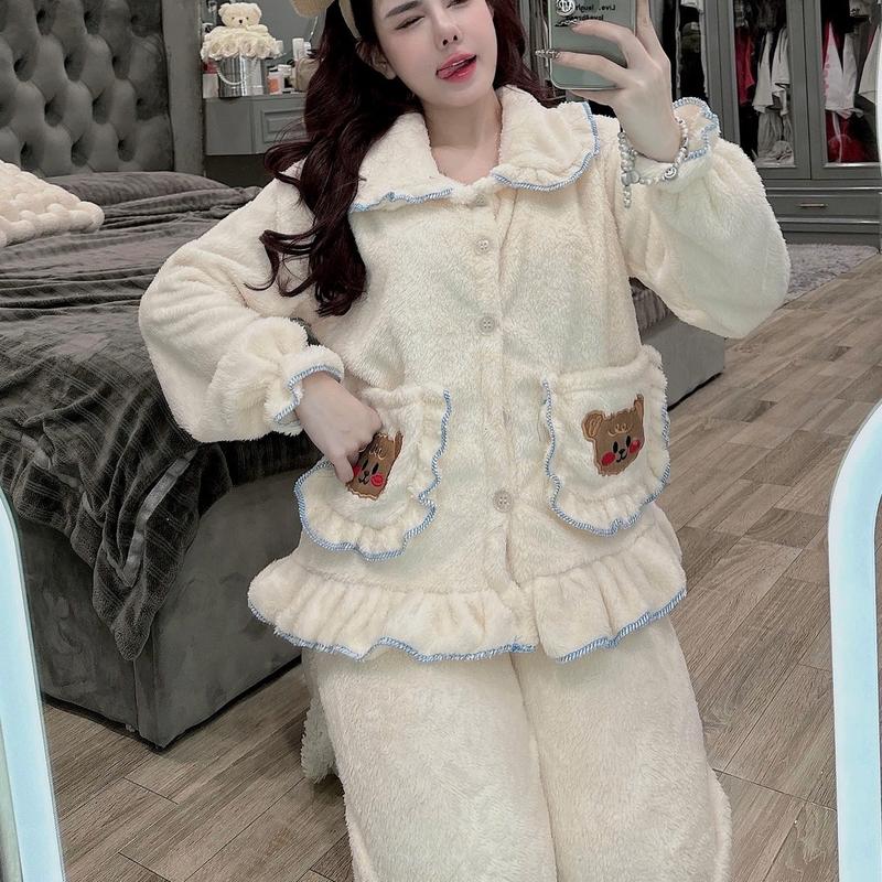   KHO 2  SIÊU PHẨM   FREESIZE  SET Đồ bộ nữ lông cừu Đồ bộ nữ ủ kem bèo Trắng+ xanh túi thêu gấu Women Áo 