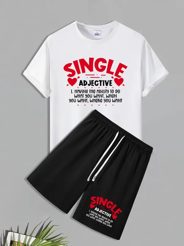 Men's Letter Print Short Sleeve Tee & Shorts Set, Regular Fit Round Neck T-shirt & Shorts, Casual Top & Bottoms for Summer Outdoor 0