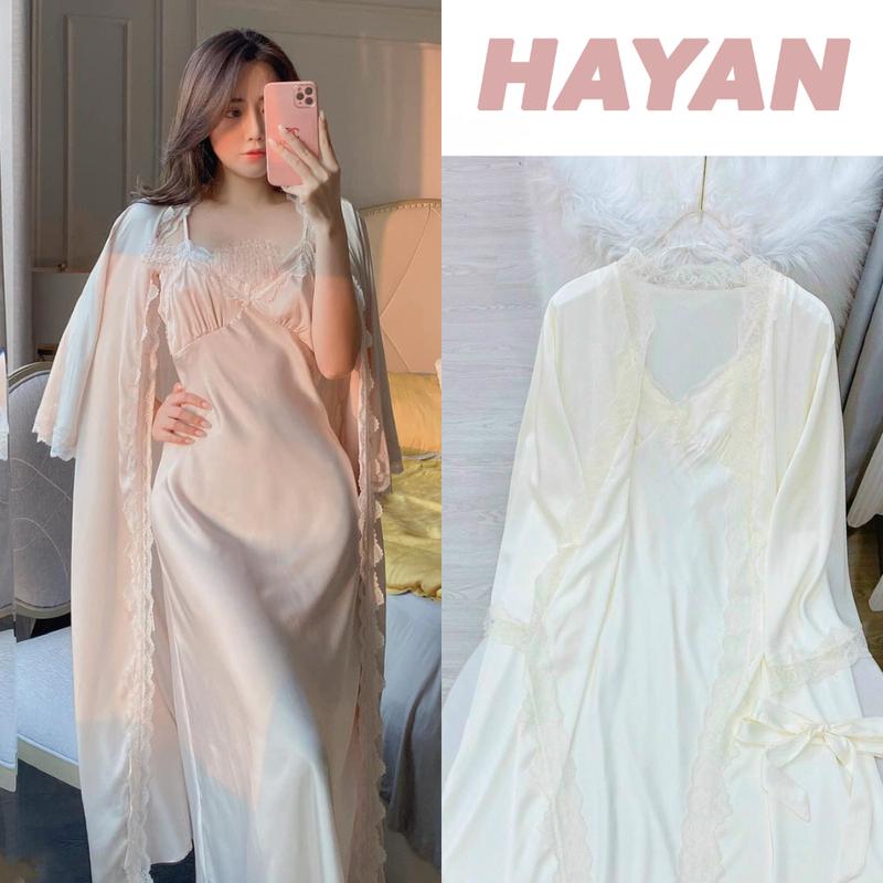 HT828 Set váy ngủ và áo choàng sexy dáng dài tiểu thư kèm ĐỆM LÓT,đồ ngủ lụa phối ren sang chảnh HT828