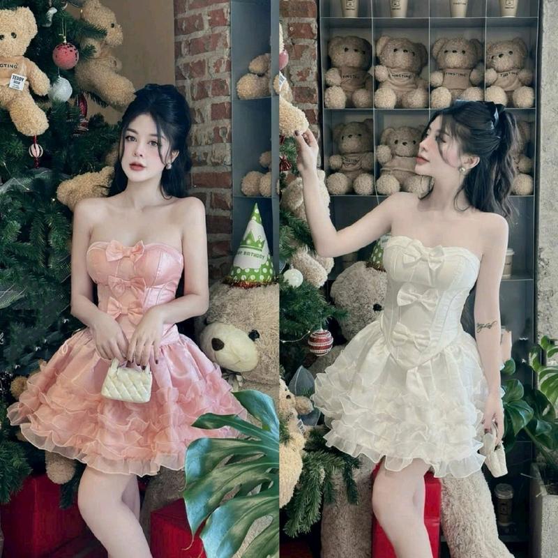 Set tapta áo cúp ngực nơ kèm chân váy tầng xoè cho nàng đi chơi, đi tiệc Nữ Women Top Đen hồng pastel sang chảnh Kem