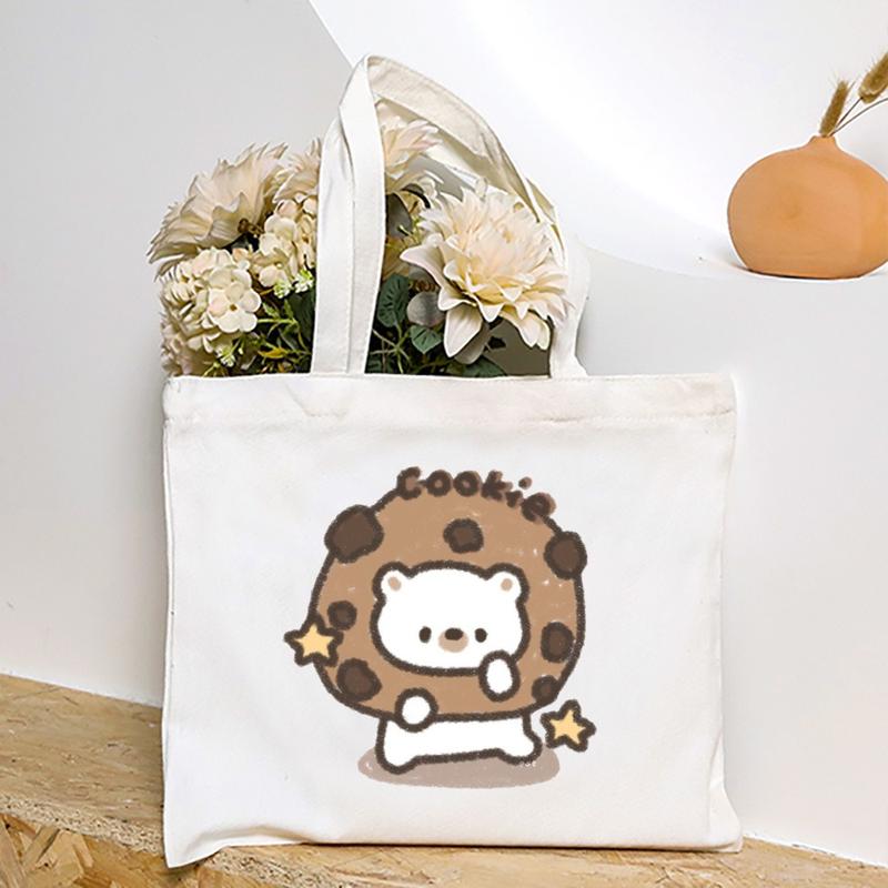 Product Introduction of Cute Cartoon Teddy Bear Printed Canvas Horizontal Handbag Fashionable Versatile One Shoulder Storage Bag 24