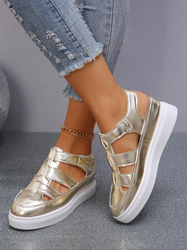 Women's Fashionable Hollow Out Design Velcro Wedges Sandals, Solid Color Platform Sandals, Casual Vacation Beach Sandals, Fashion All-match Summer Sandals for Daily Wear 1