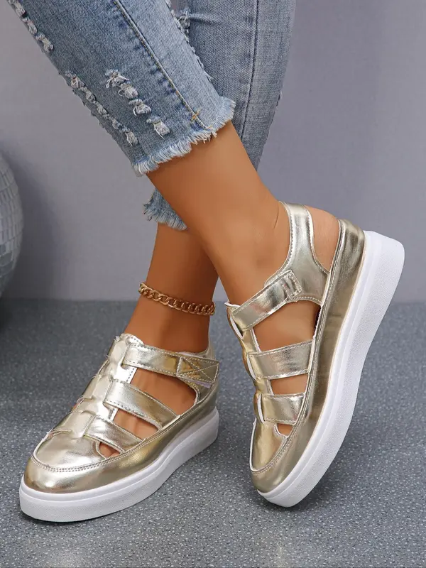 Women's Fashionable Hollow Out Design Velcro Wedges Sandals, Solid Color Platform Sandals, Casual Vacation Beach Sandals, Fashion All-match Summer Sandals for Daily Wear 1