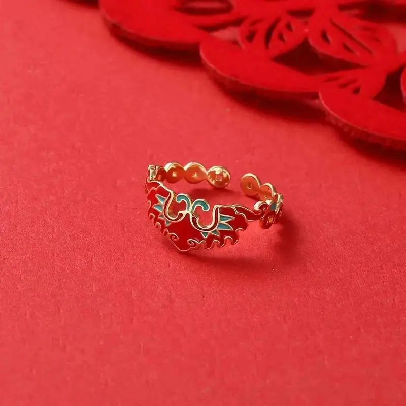 New classic Thai silver craft enamel porcelain bat red ladies ring adjustable retro temperament exotic exquisite jewelry