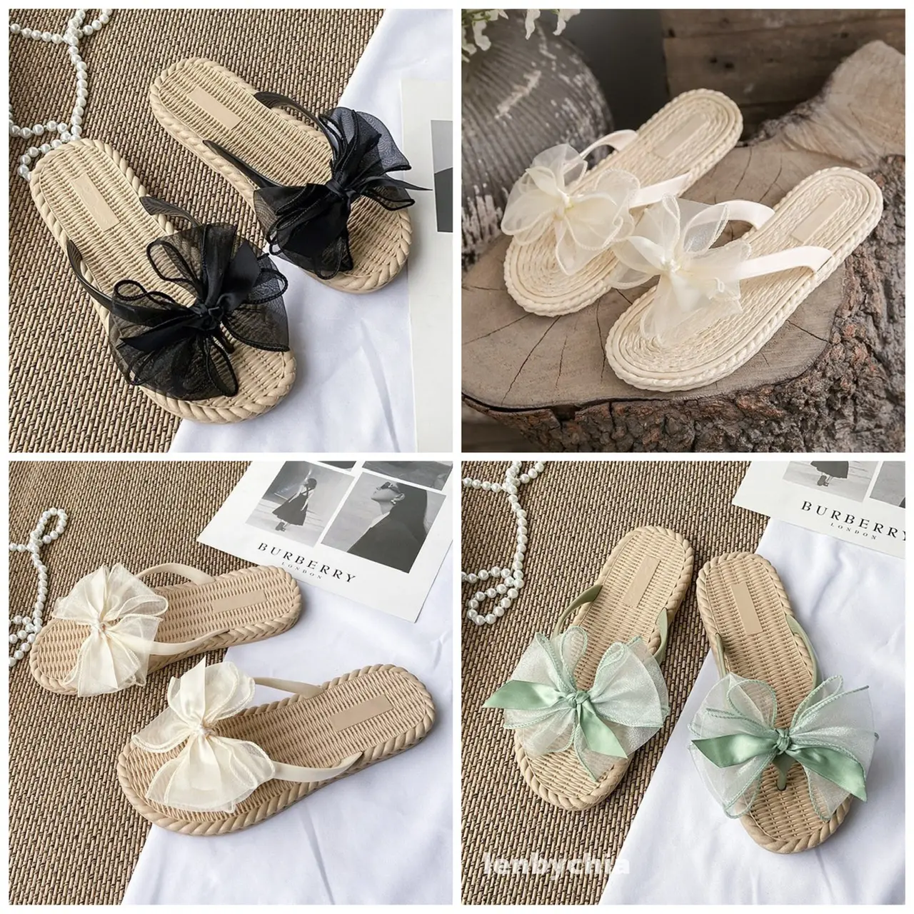 Lenbychia - [Sẵn size] Dép cói nữ xỏ ngón nơ voan xinh xắn - ứng dụng cao, đi làm, văn phòng, đi dạo, đi biển - TN09