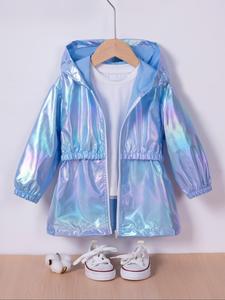 Toddler Girl's Holographic Zip Up Hooded Trench Coat, Girl's Clothing, Casual Fashion Bishop Sleeve Zipper Outerwear for Spring, Kids Clothes for Daily Wear, Going Out Jackets, Winter Coats, Top