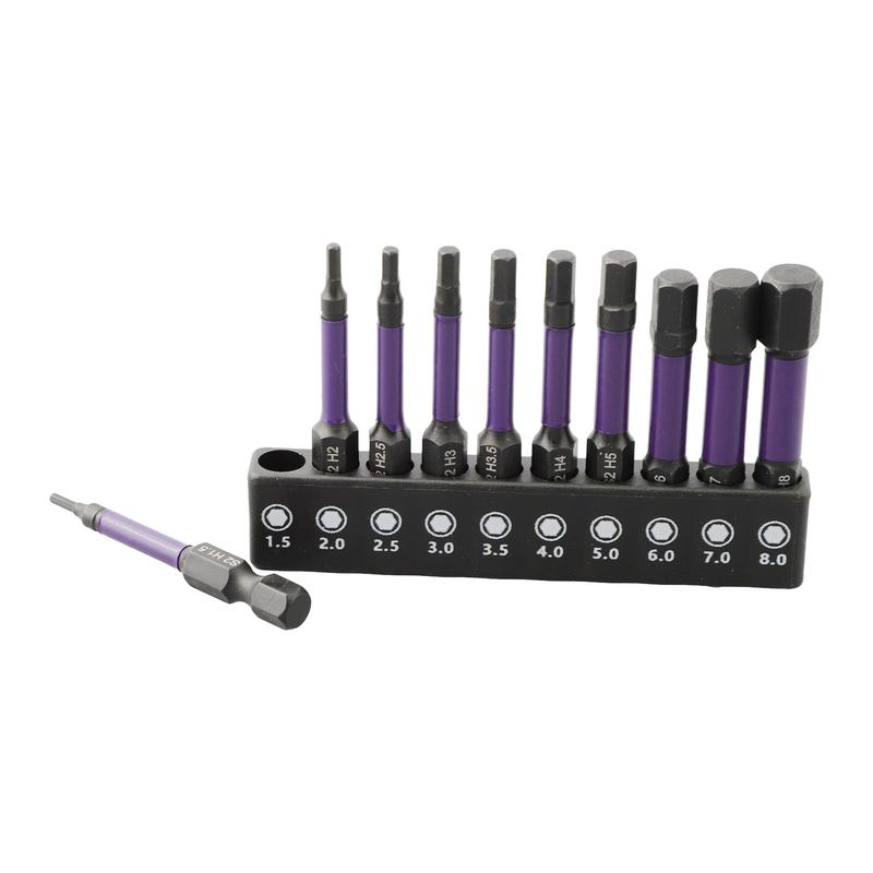 Set Bit Pemutar Skru Kepala Hex Magnetik, 10 Keping, Bit Pemutar Skru Batang 1 / 4, Julat Saiz: H1.5-H6 6