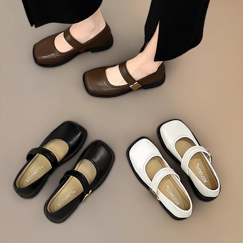Giày búp bê nữ đế thấp quai dán to bản QT da mềm Shoes - Giày nữ đế thấp