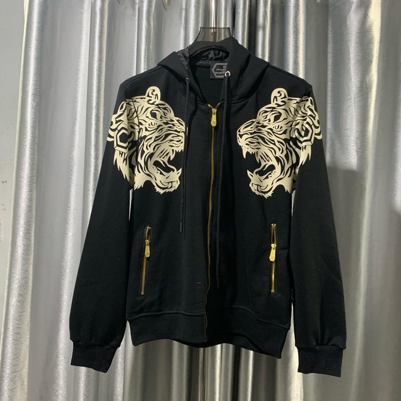 Áo khoác hoodi có mũ philip plein có khoá kéo vàng in 2 hổ đằng trước khoá titan chuân lôgo chât liệu nỉ châ cua lên mặc mịn mềm lên fom chuân đep