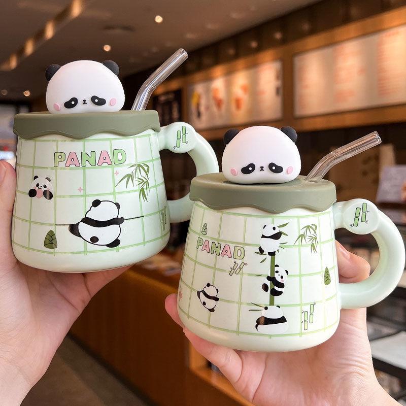  Cốc uống nước cốc sứ hình gấu trúc dễ thương làm quà sinh nhật quà tặng 400ml+Ống hút thuỷ tinh XMB 