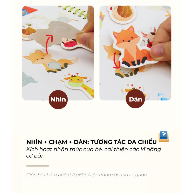 Học liệu bóc dán thông minh Dinno 30 trang, bóc dán ghép hình 14 chủ đề, đồ chơi Montessori 118 miếng dán ghép hình