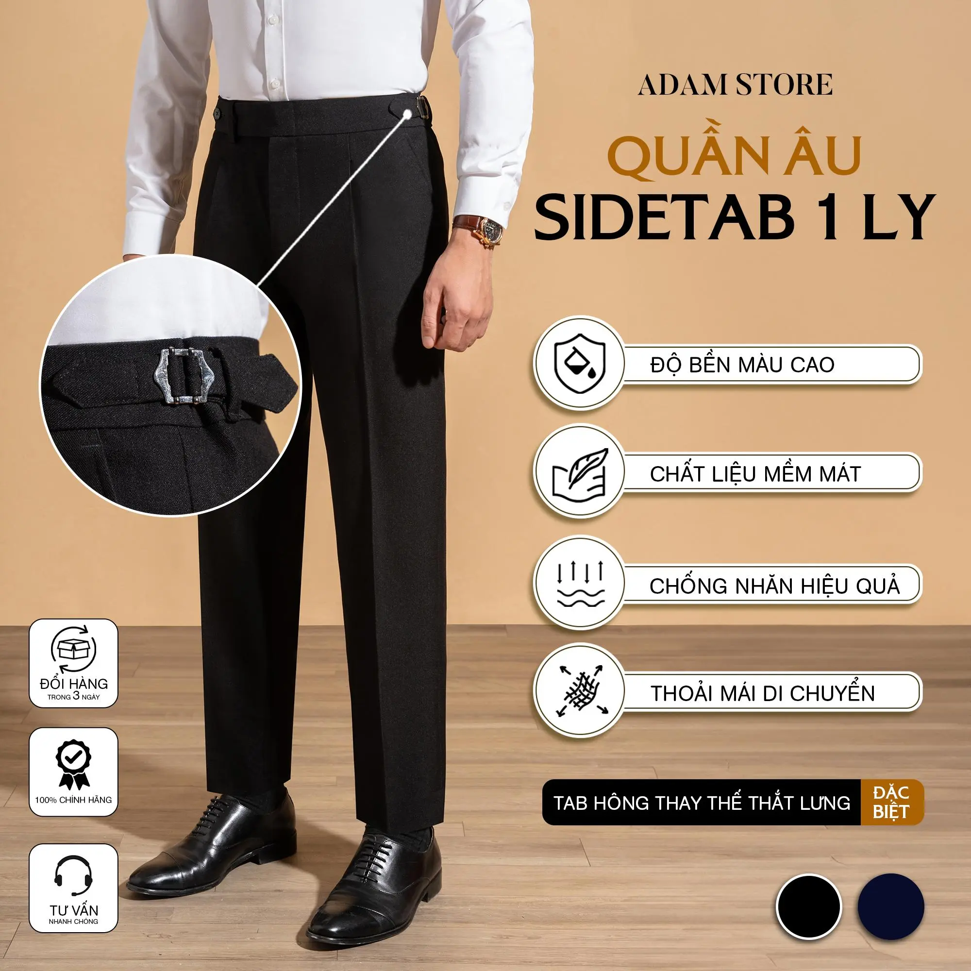 QUẦN ÂU ADAM STORE ĐEN SIDETAB 1 LY Q291K1 Nam Menswear
