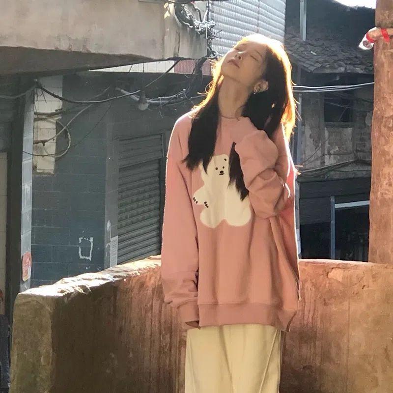 Áo Hoodie Chải Cổ Tròn, Màu Hồng Dễ Thương Hợp Xu hướng Dành Cho Nữ, Thích Hợp Cho Mùa Thu Và Mùa Đông, Phong Cách Hàn Quốc, Dáng Rộng Vừa Vặn, Thích Hợp Cho Học Sinh, Phong Cách Thường Ngày Áo Dễ Phối Đồ Thời Trang 0