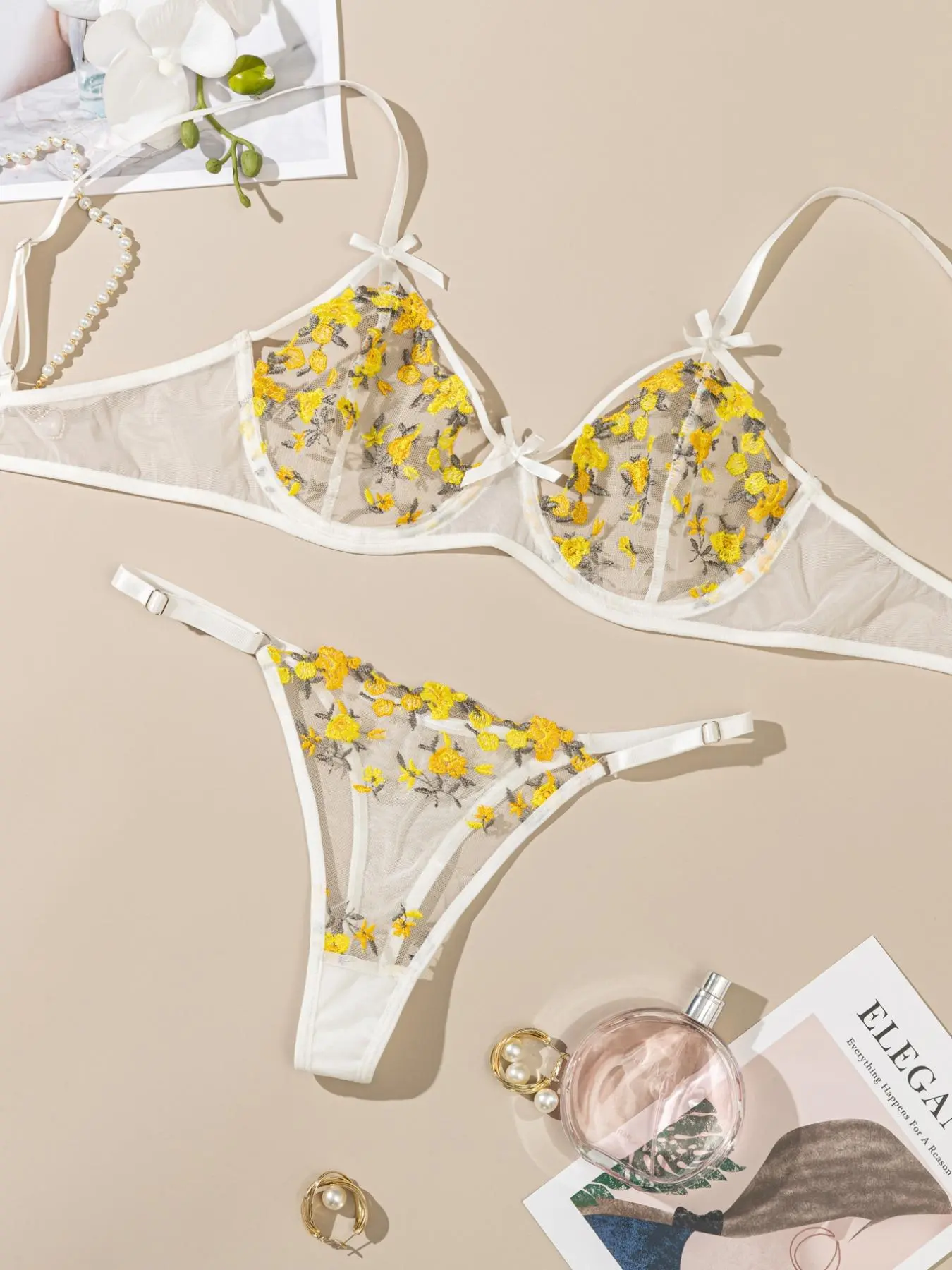 Women's 2pcs Floral Embroidery Bow Front Sheer Lingerie Set, Comfy Breathable Sexy Push Up Bra & Thong Panty, Fashion Women's Sexy Lingerie Set For Spring & Fall
