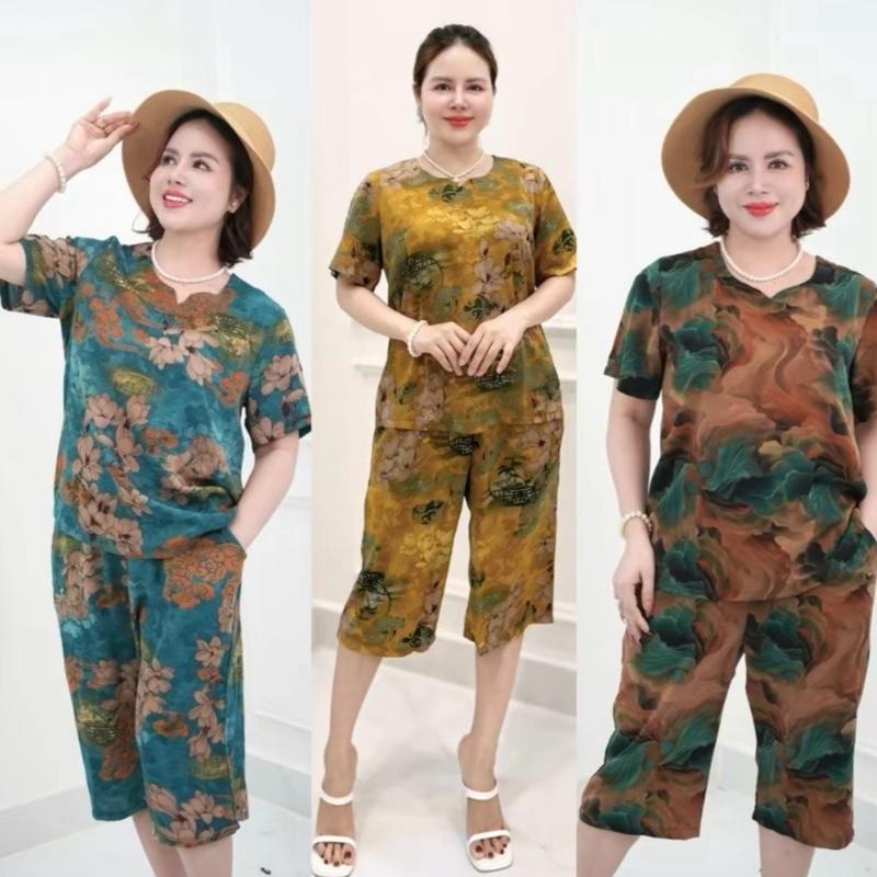 HCE combo 3 bộ đồ ,Đồ Bộ Trung Niên cho mẹ ,Áo Cổ Chòn ,Quần suông Lửng Ngang Gối Vải Lụa Nhập Nữ Women Top