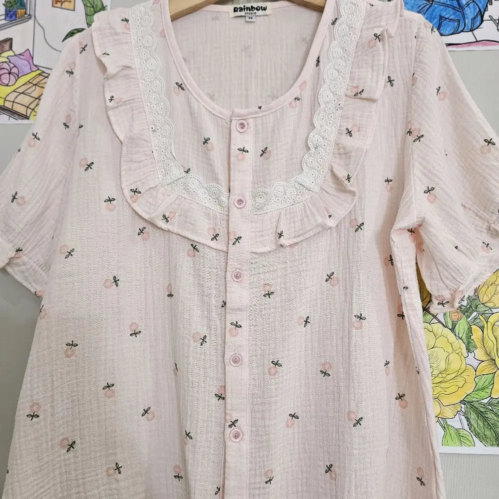 Đồ mặc nhà tay ngắn quần dài xô muslin phối ren