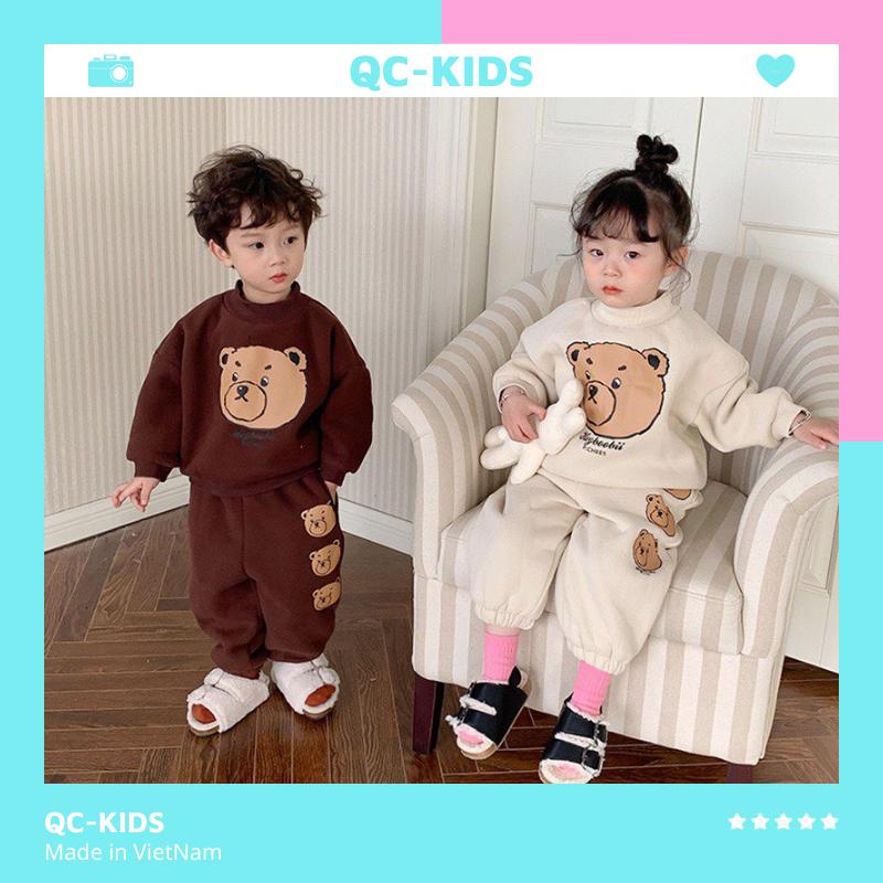 Bộ quần áo thu đông bé trai bé gái chất liệu nỉ bông in gấu cho bé 8-18kg