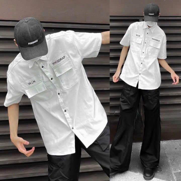 Áo sơ mi KAKI có túi thêu logo tay lỡ Nam Nữ  form rộng thiết kế trẻ trung thời trang Unisex