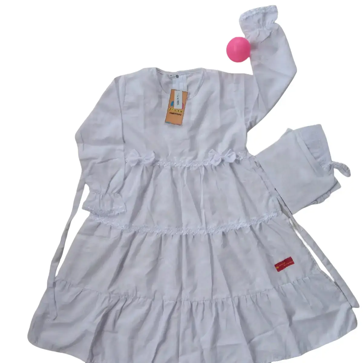 Baju Gamis Anak Perempuan Putih Manasik Haji // Baju Muslim Putih Anak Perempuan Katun Renda Nyaman Kerudung Pita Jilbab Dress Sekolah Remaja Rempel baju  manasik Tanggung Setelan