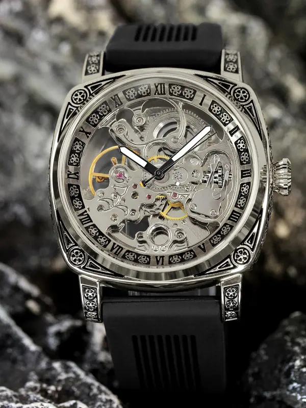 Men's Business Fashion Mechanical Watch, Fashion Watch with  Silicone Strap, Trendy Watch for Daily Life, with Box 3